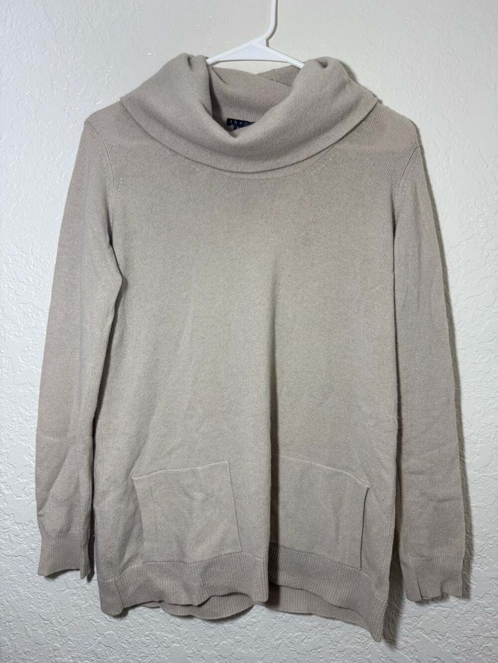 Theory Cowl Neck Sweater Size S Beige Long Sleeve Pocket Pullover